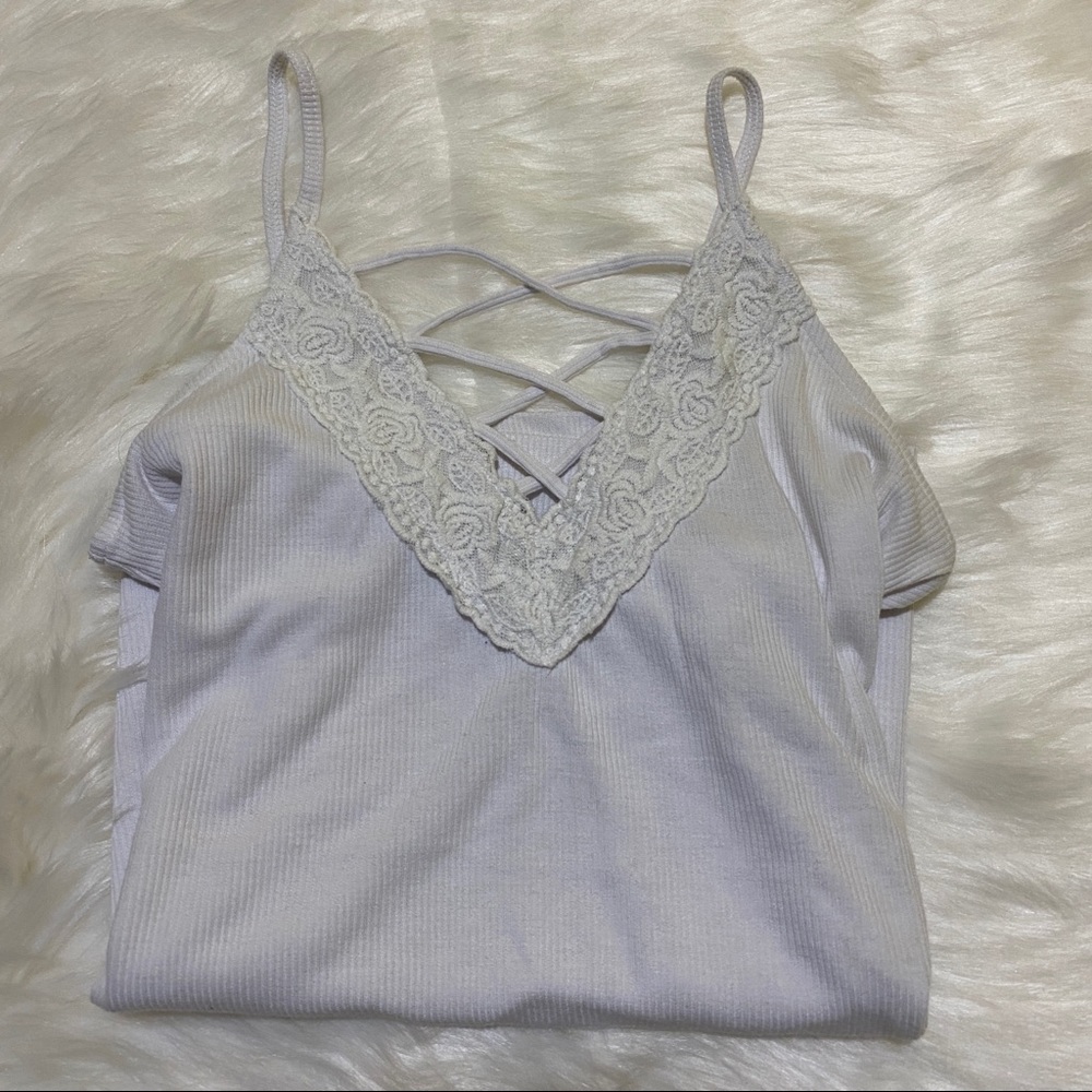 white tank top with lace and cross details